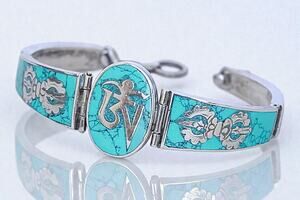 Vintage 925 Sterling Silver Tibetan Om Turquoise Inlay Bracelet 6.5 Inch 24g